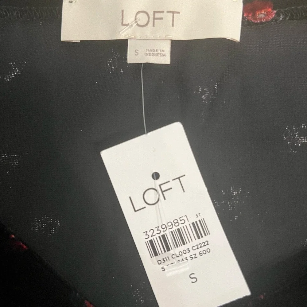 LOFT Floral Velvet Puff Sleeve Top Black & Red Sweetheart Neckline Women's Small